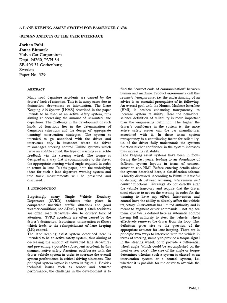 Lane Keeping Assist System For Passenger Cars | PDF | Steering ...