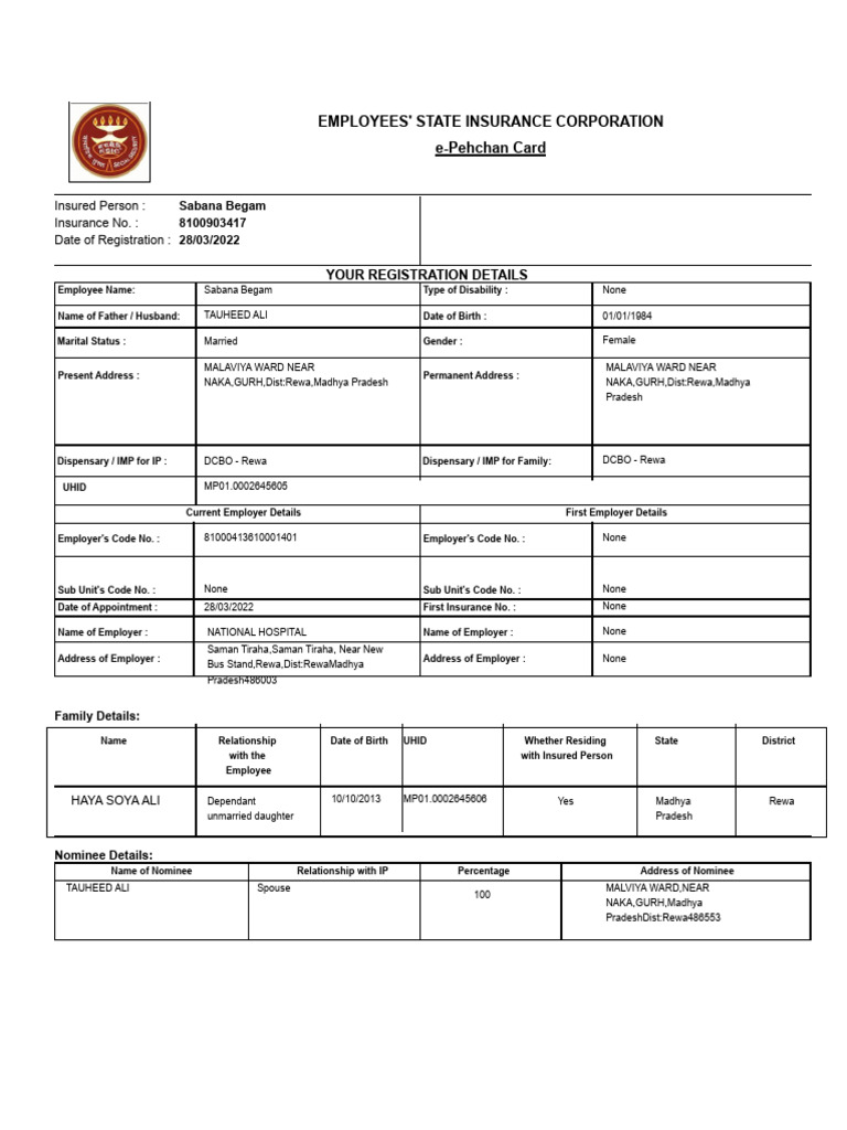Employees state insurance corporation e pehchan card insured person