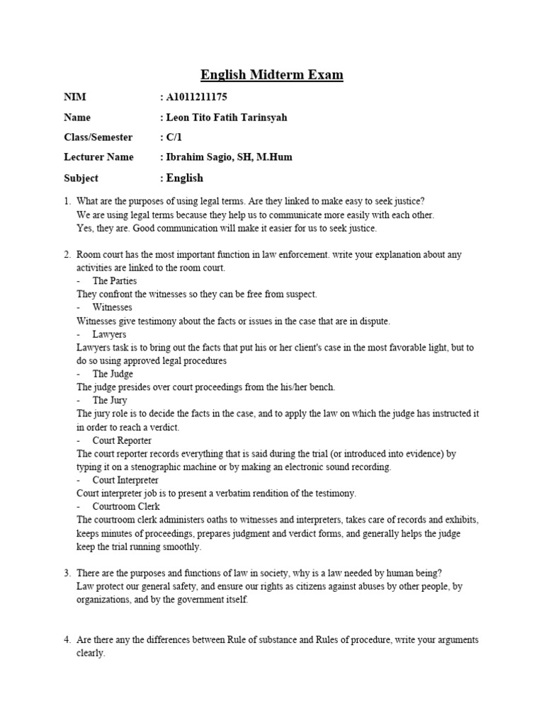 UTS English 1 - Leon Tito Fatih Tarinsyah - A1011211175 | PDF | Lawsuit ...