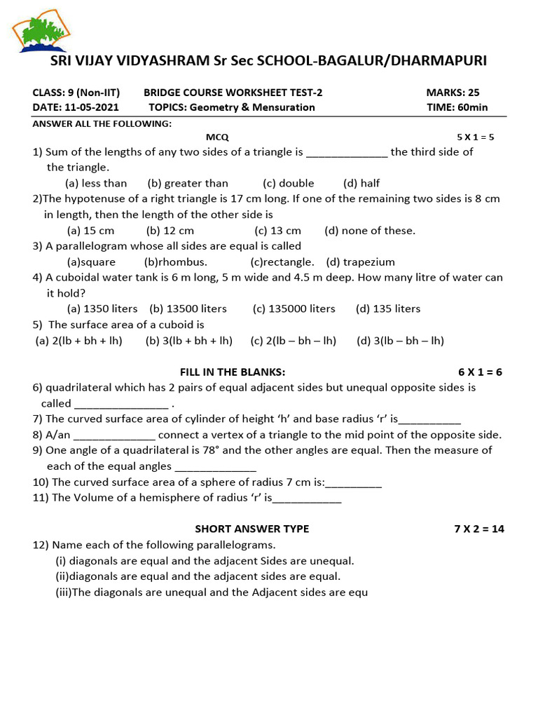 9th Non-IIT Bridge Course Worksheet-2 | PDF | Area | Sphere