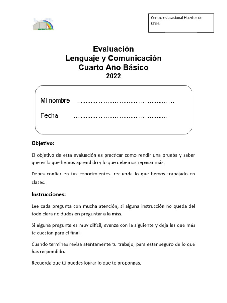 Ev Lenguaje 4basico | PDF | Artes del Lenguaje y Comunicación | Ficción ...