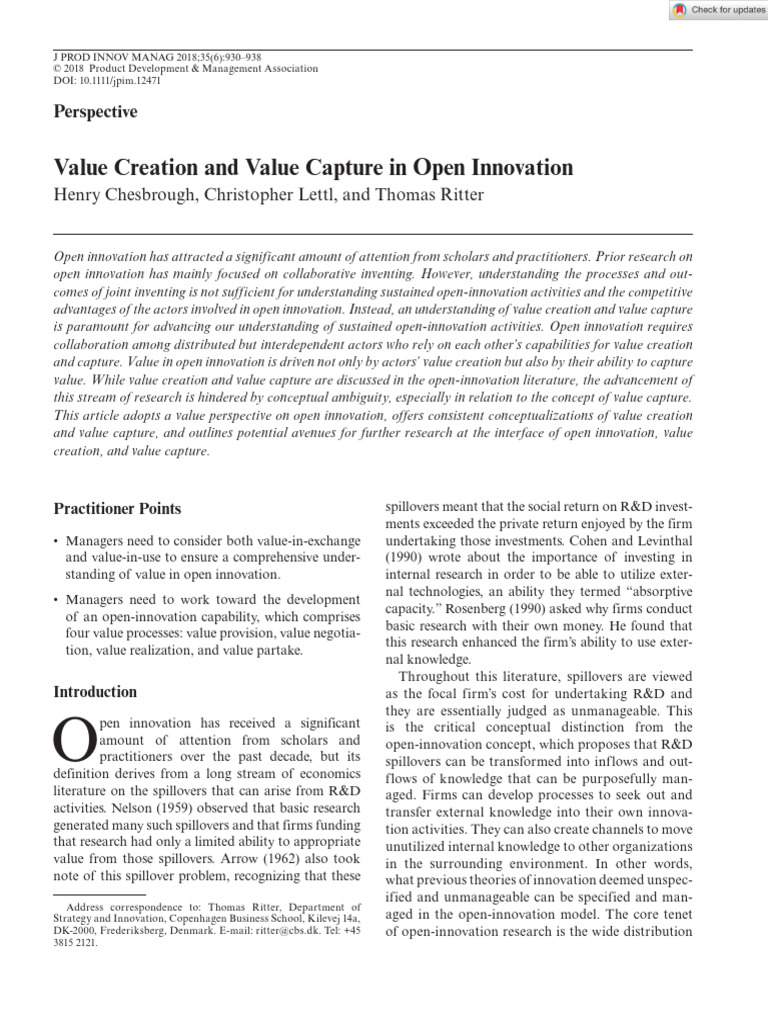J of product innov manag 2018 chesbrough value creation and value