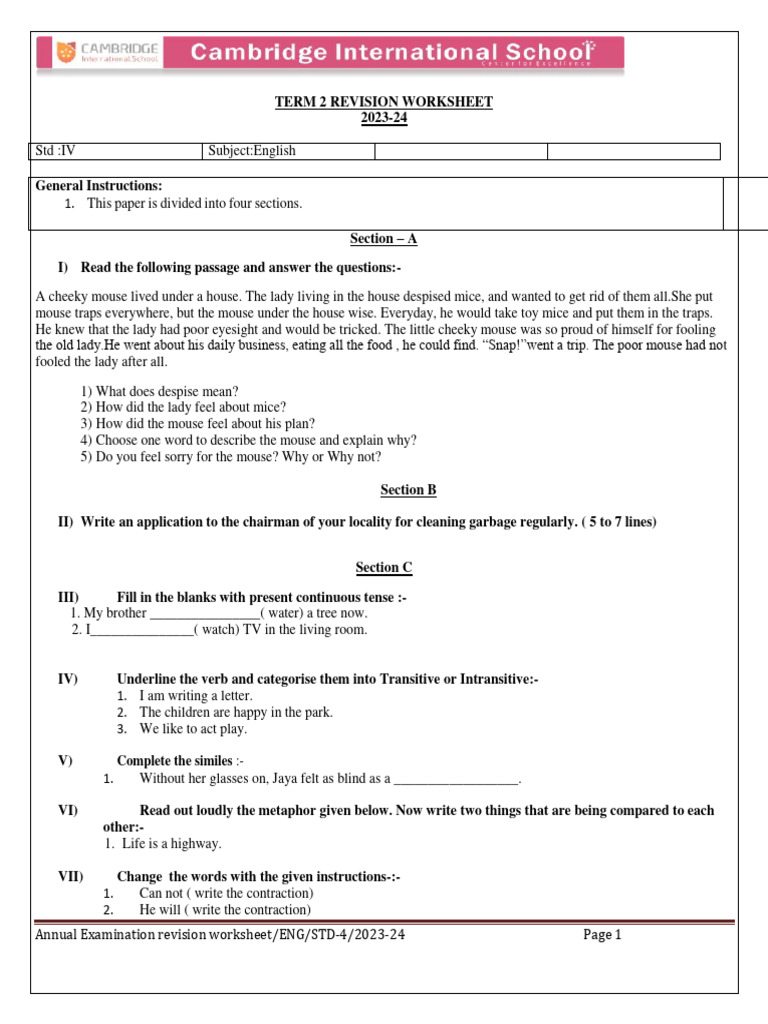 Std 4 English Term 2 Revision Worksheet | PDF | Mouse | Linguistics