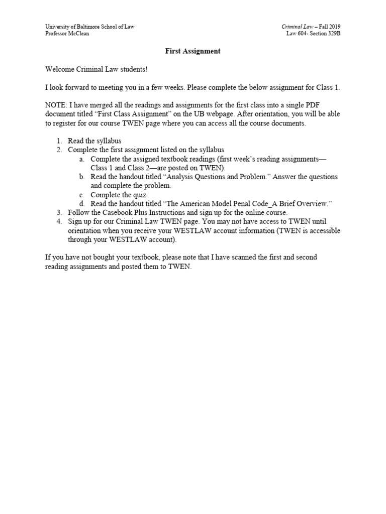 UB Law Criminal Law Fall 2019 Assignment | PDF | Burden Of Proof (Law ...