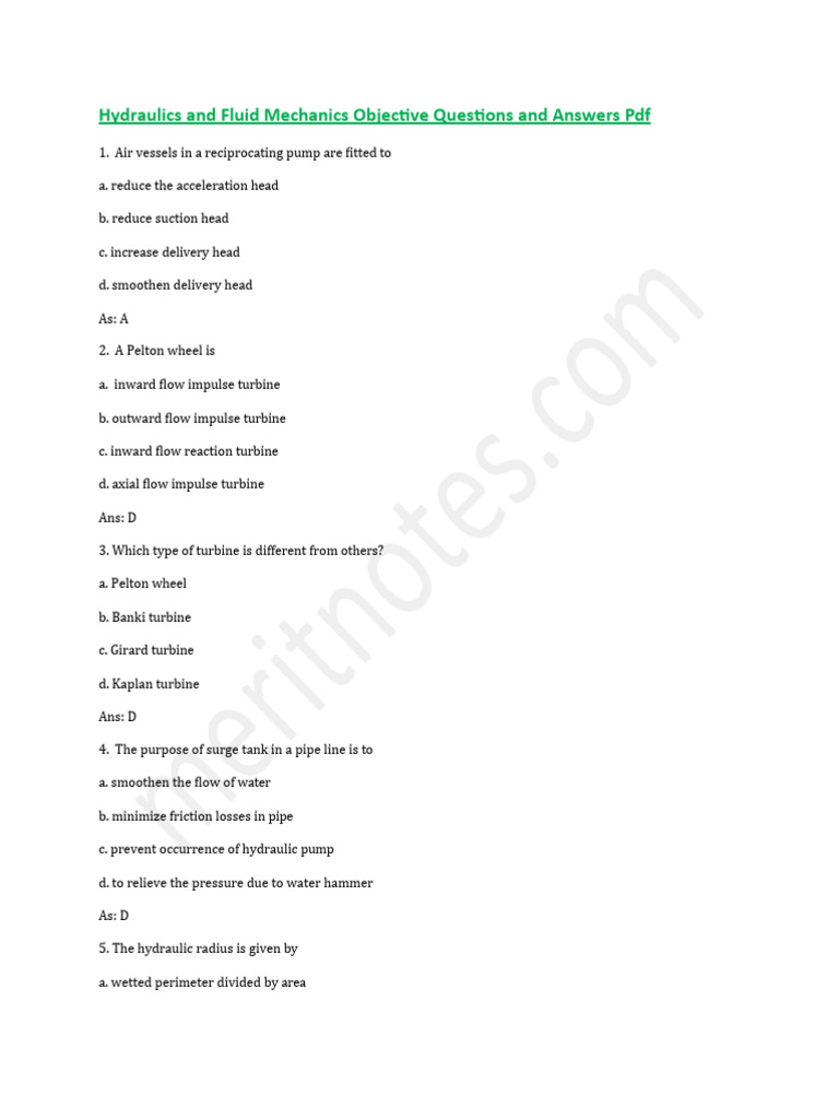 Hydraulics Fluid Mechancis Objective Questions PDF