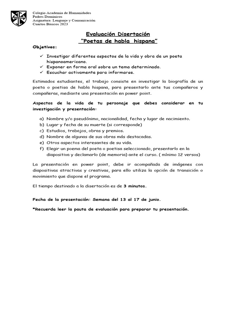 4 Básico - Lenguaje - Disertación Poetas de Habla Hispana | PDF