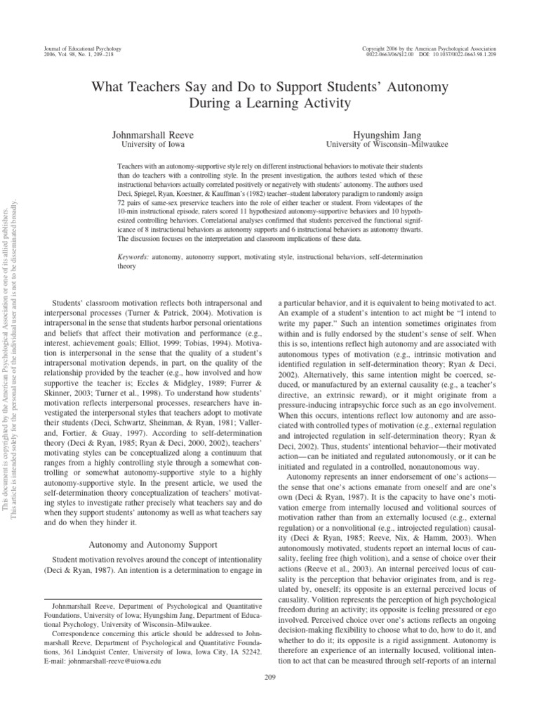 What Do Teachers Say and Do To Support Students Autonomy During A ...