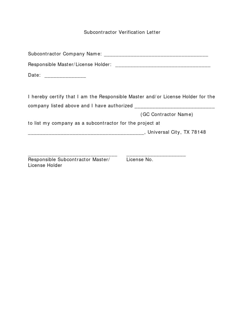 Subcontractor Verification Letter | PDF | Finance & Money Management | Law