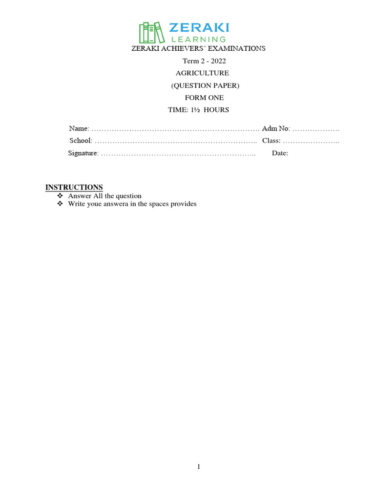 Agriculture Form 1 Question Paper Pdf Agriculture Food Industry