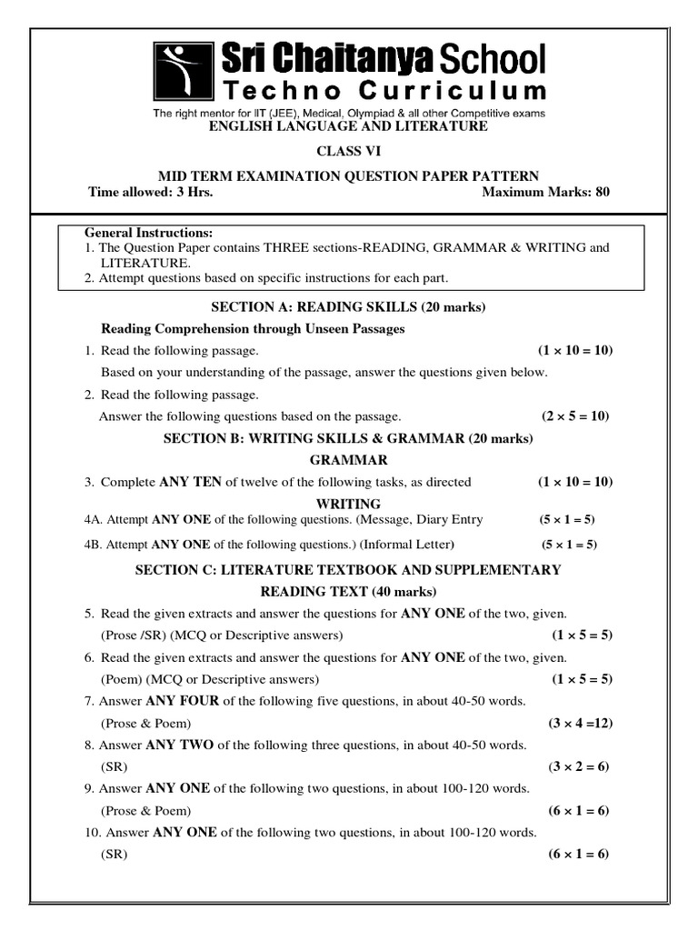 CBSE English Class 6 Mid Term Question Paper Pattern PDF