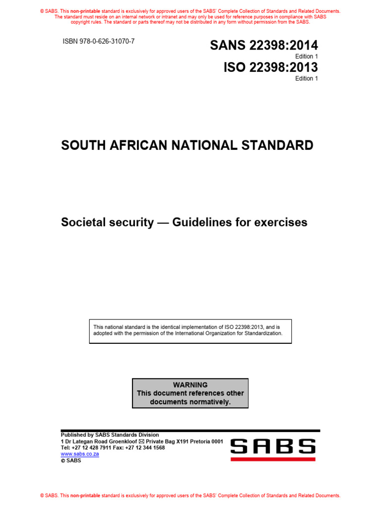 SANS 22398:2014 ISO 22398:2013: Societal Security - Guidelines For ...