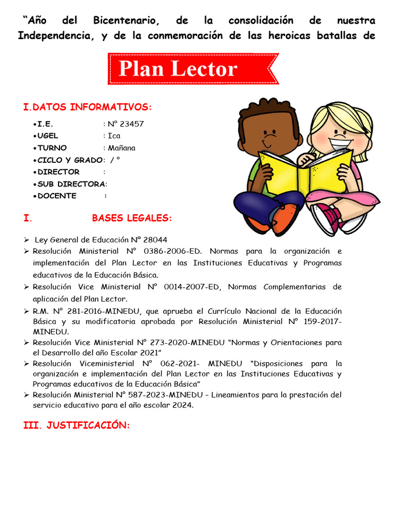 Plan Lector para Primer Grado Escolar | PDF | Maestros | Salón de clases