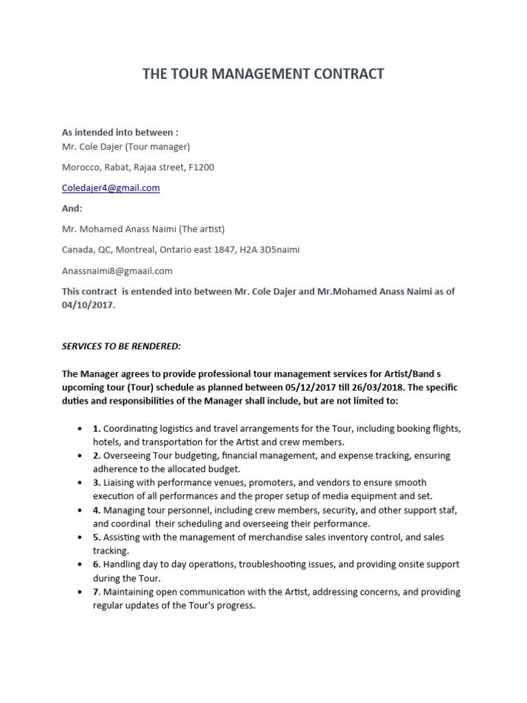 Tour Management Contract Overview | PDF | Justice | Crime & Violence