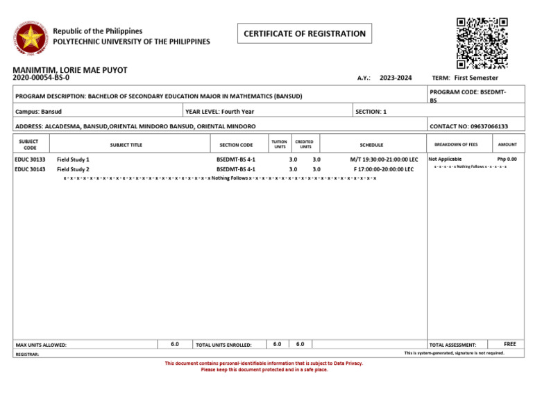PUP Certificate of Registration BSEDMT | PDF | Educational Stages