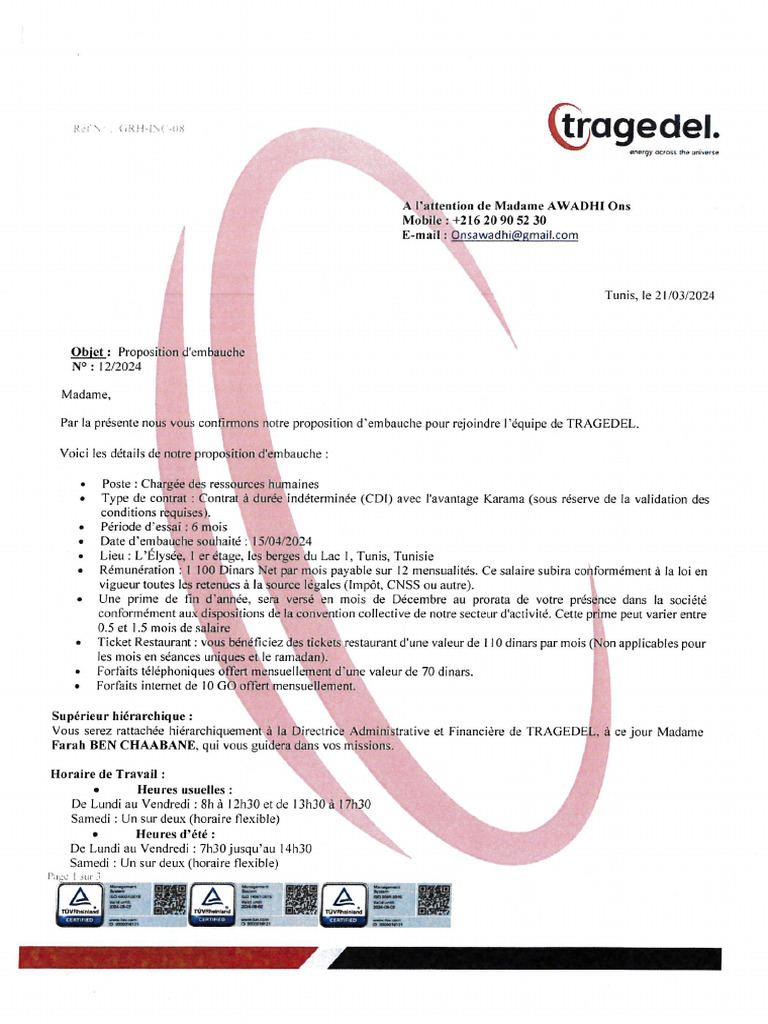 réponse mail à une proposition d embauche