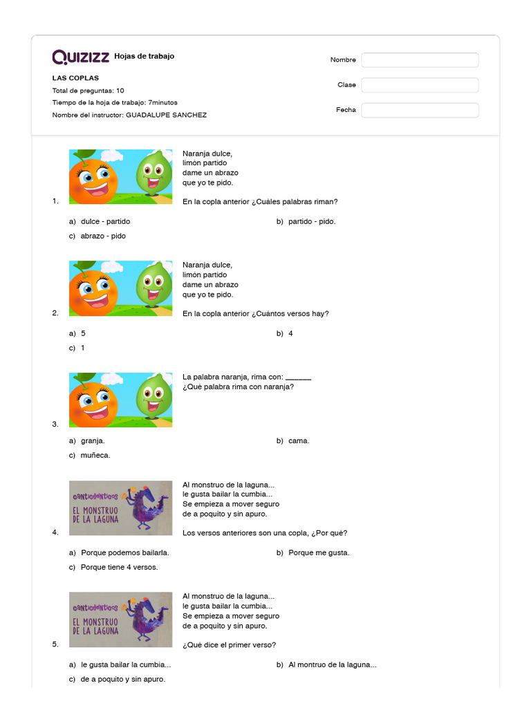Ejemplos de Coplas para Quizizz | PDF