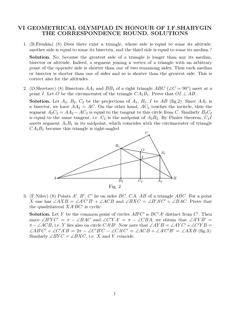 Sharygin Geometry Olympiad Solutions | PDF | Triangle | Circle