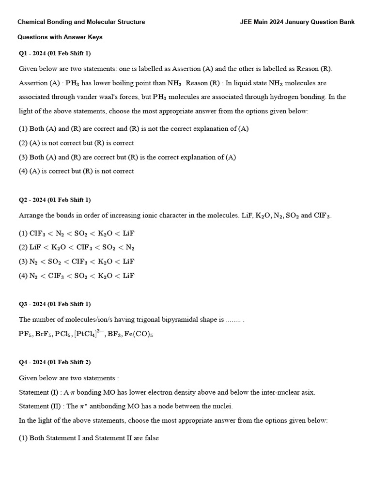 Chemical Bonding: JEE Main 2024 Questions | PDF | Molecules | Chemical Bond