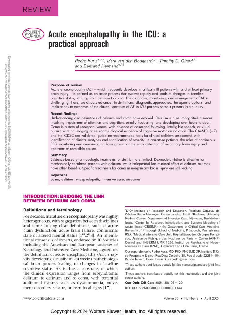 Acute Encephalopathy in The Icu A Practical.4 | PDF