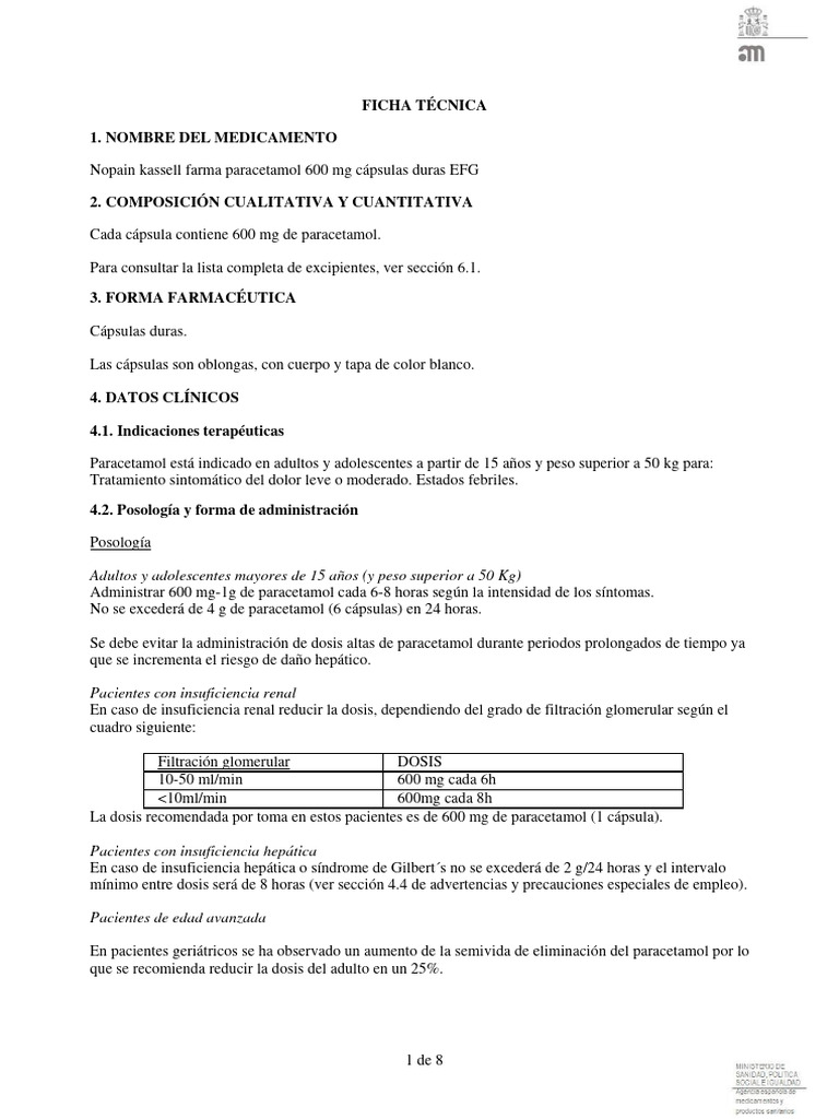 Paracetamol 600 mg: Usos y Precauciones | PDF | Enfermedades y ...