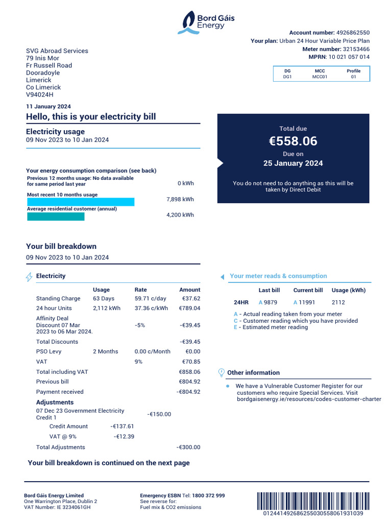 Bord Gáis Energy Electricity Bill Summary | PDF | Debit Card | Economies