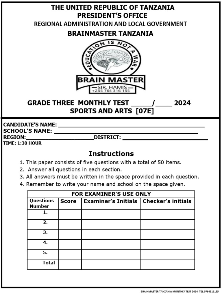Brainmaster Tanzania g3 Sport and Arts Monthly Test 2024 | PDF