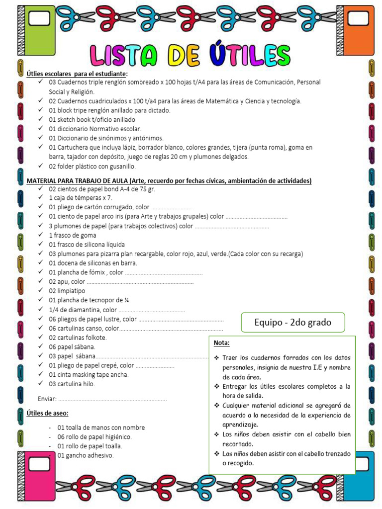 Lista de Útiles Escolares 2do Grado 2024 | PDF | Materiales ...
