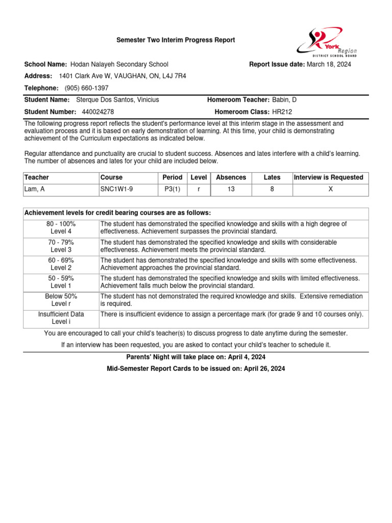 YRDSB Electronic Student Report Card YRDSB Secondary Interim Report