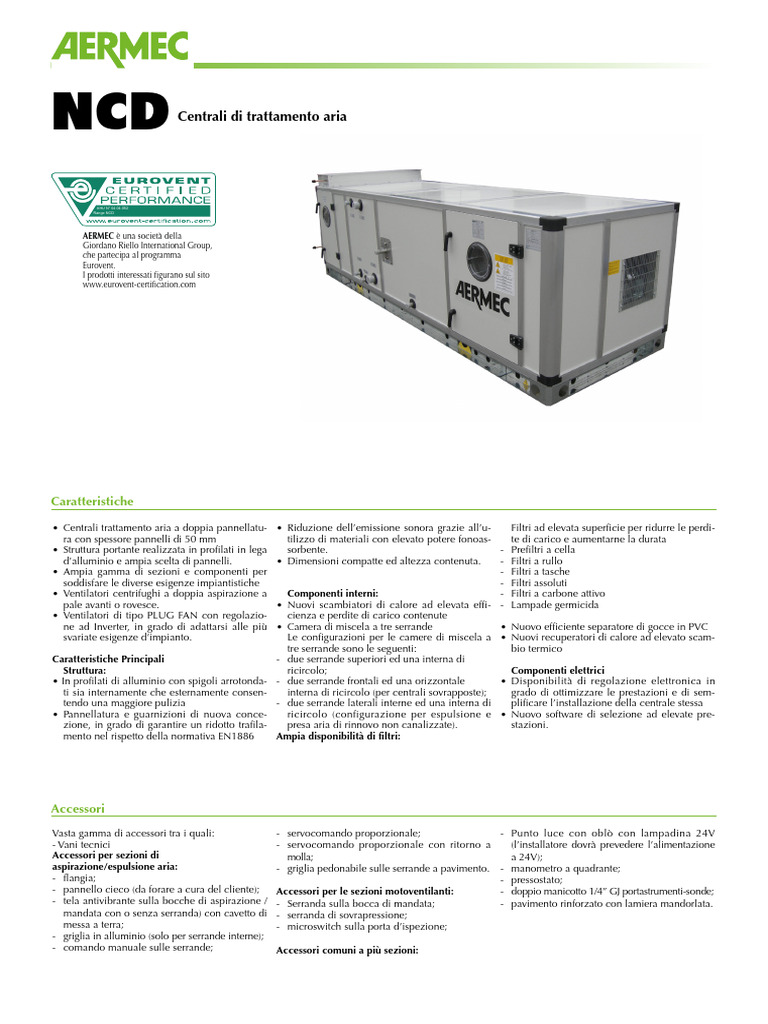 AERMEC Scheda Tecnica CTA NCD | PDF