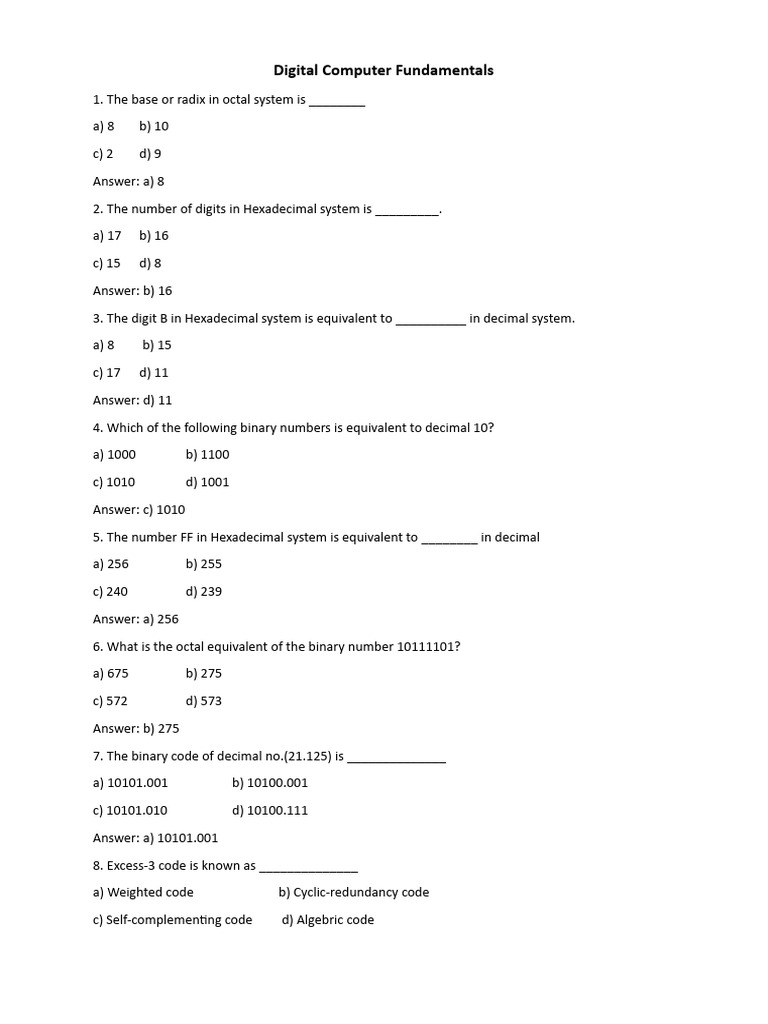 Digital Computer Fundamentals Quiz | PDF | Logic Gate | Binary Coded ...