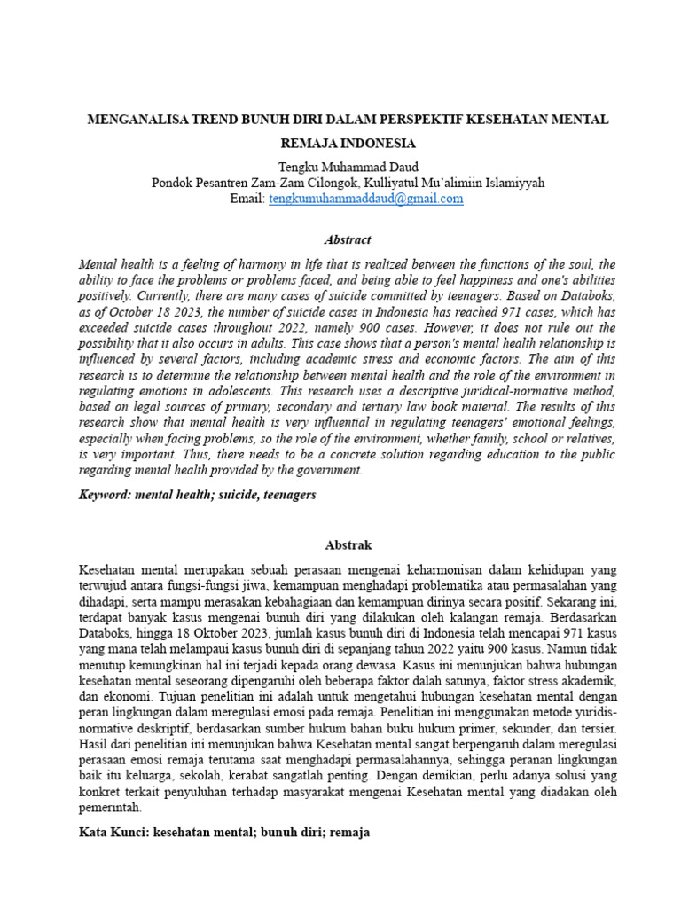 Menganalisa Trend Bunuh Diri Dalam Perspektif Kesehatan Mental Remaja