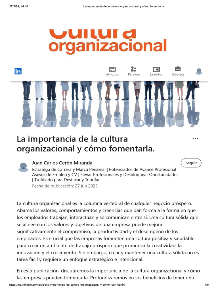 La Importancia de La Cultura Organizacional y Cómo Fomentarla | PDF ...