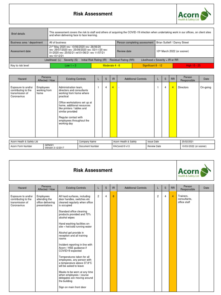 Risk Assessment Covid 19 v13 101221 | PDF | Occupational Safety And ...