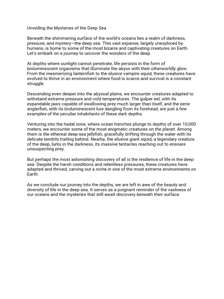 Unveiling The Mysteries of The Deep Sea | PDF | Social Science | Young ...