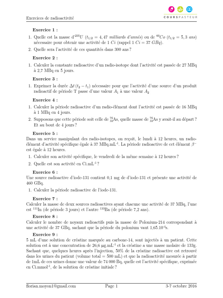 Exercices de radioactivité corrigés | PDF | Rayonnement ionisant ...