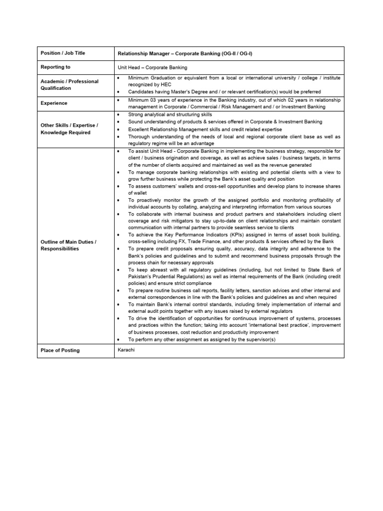Corporate Banking Relationship Manager Role | PDF | Banks | Investment ...