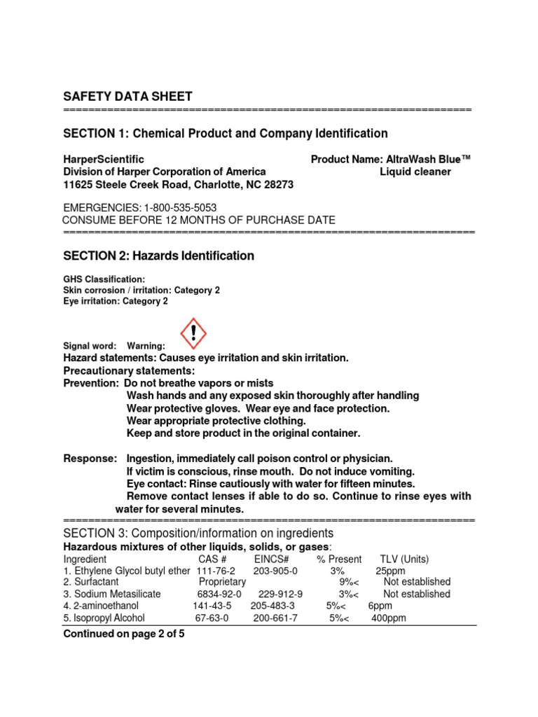 AltraWash Blue SDS PDF Personal Protective Equipment Water