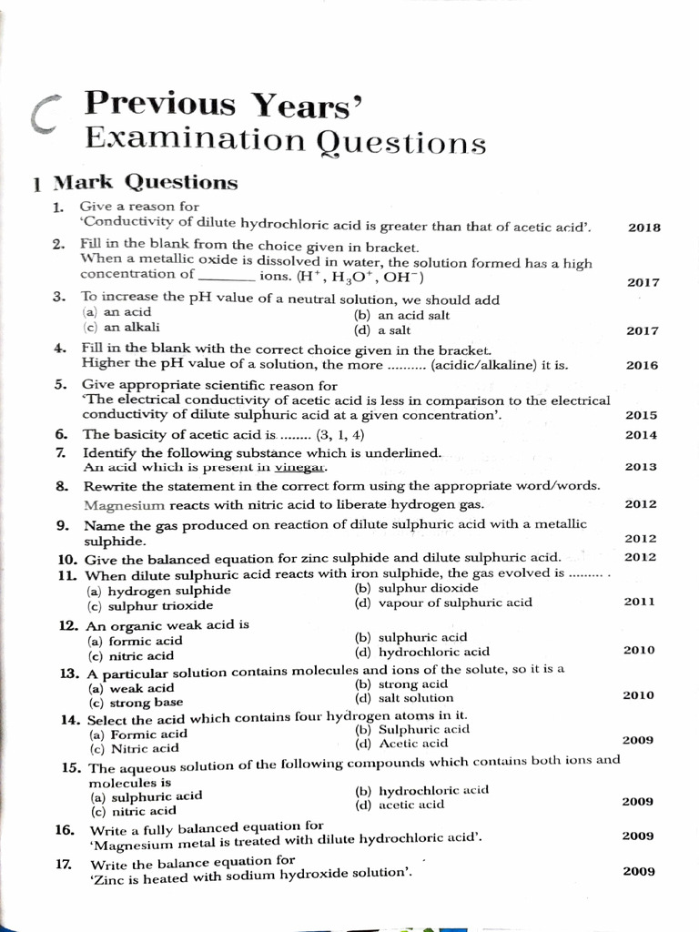 Previous Year Questions on Acids and Bases | PDF | Acid | Hydroxide