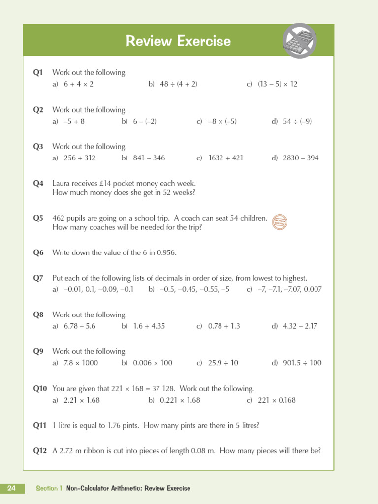 Non-Calculator Arithmetic Review Exercise | PDF