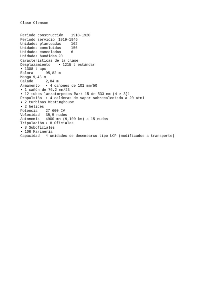 Especificaciones de la Clase Clemson | PDF | Historia
