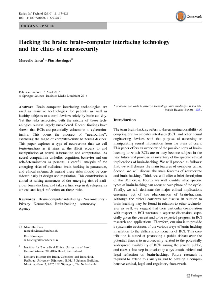 Hacking the brain brain computer interfacing technology and the ethics