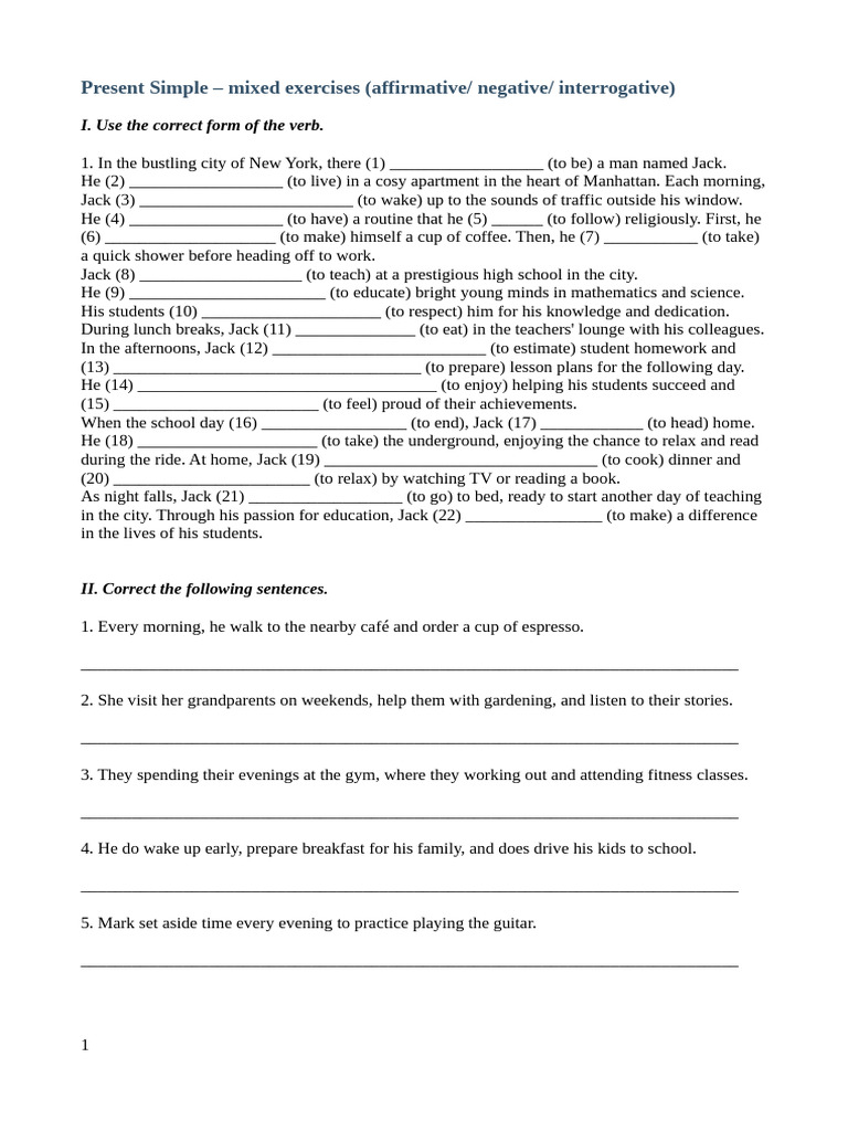 Present Simple: Affirmative, Negative, Interrogative Exercises | PDF ...