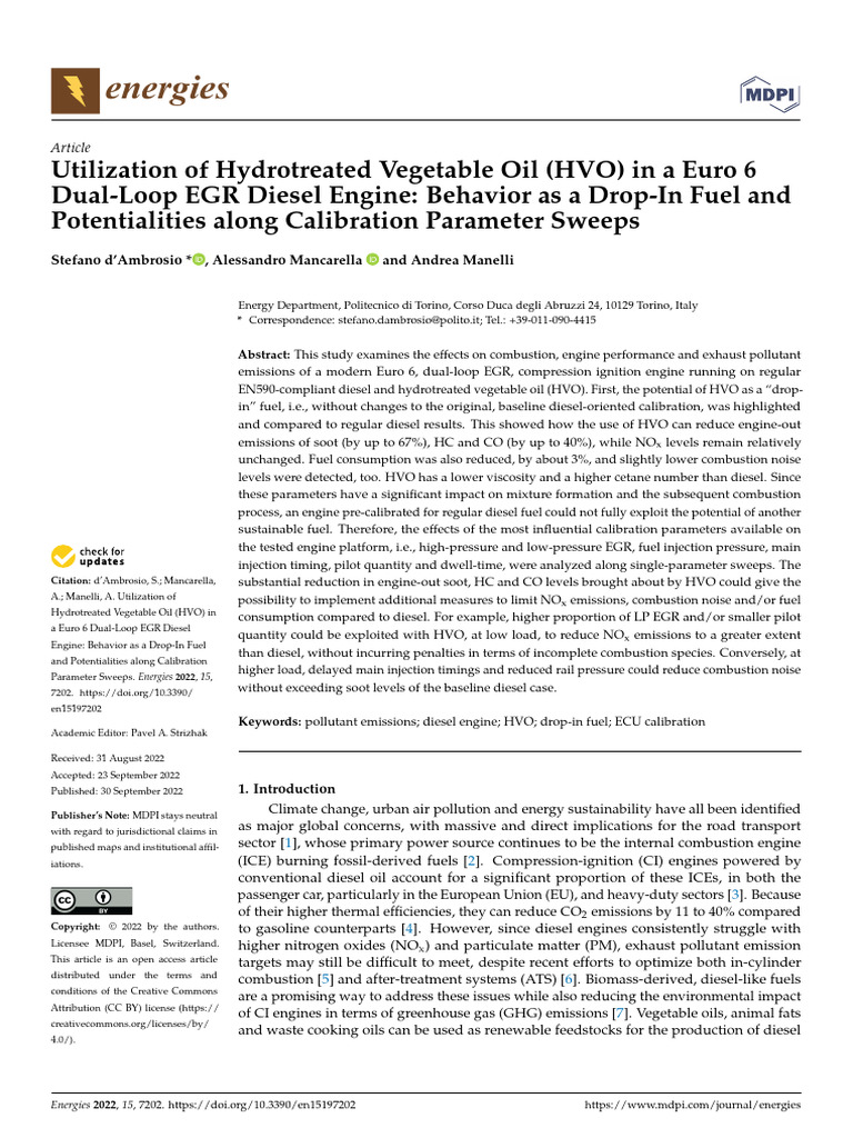 Utilization of hydrotreated vegetable oil hvo in a pdf diesel