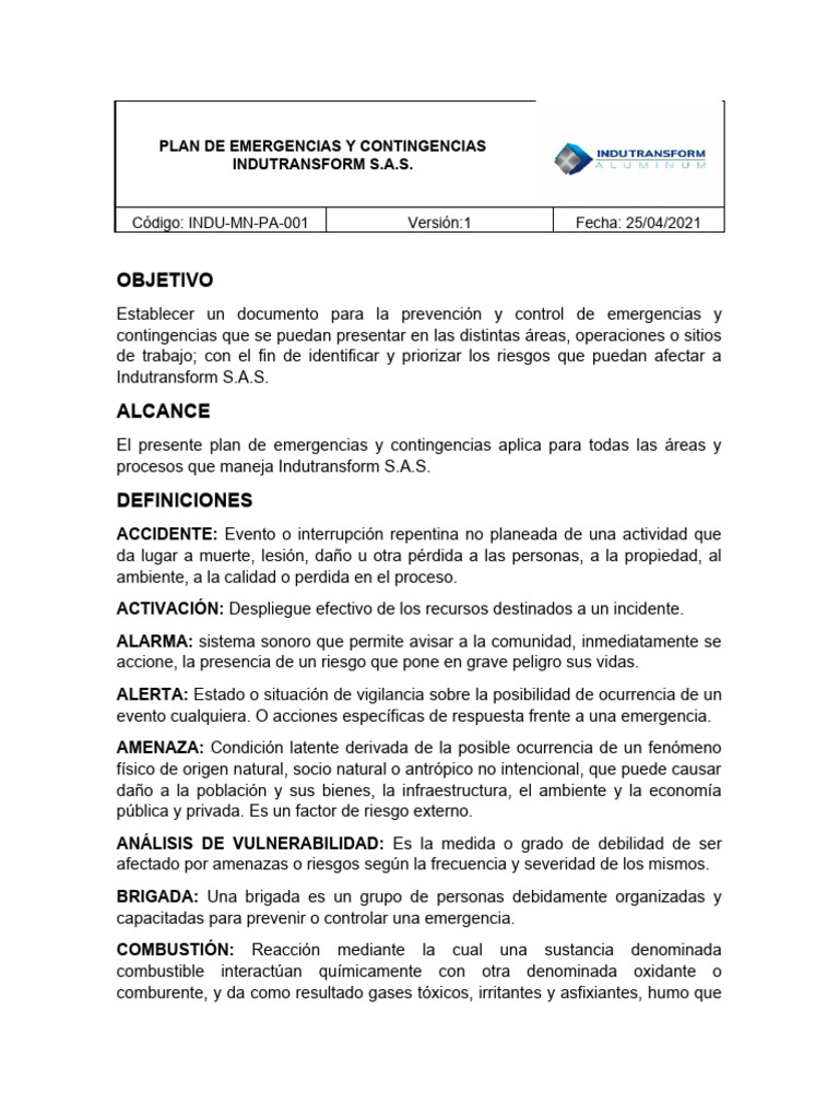 Indu-Mn-Pa-001 Plan de Emergencias y Contingencias (v1) | PDF ...