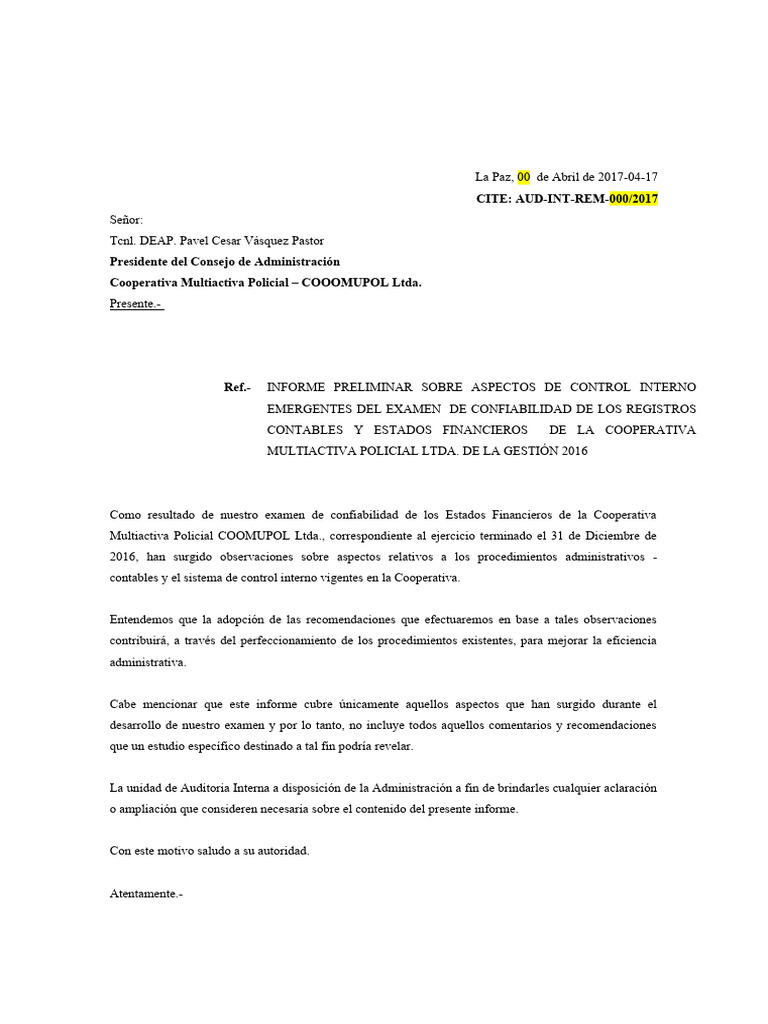 Informe de Control Interno 2016 | PDF | Auditoría | Contabilidad