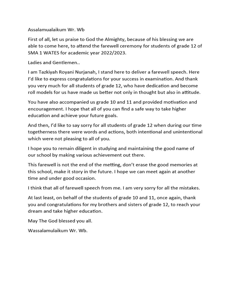 Farewell Speech for Grade 12 Students | PDF | Career & Growth