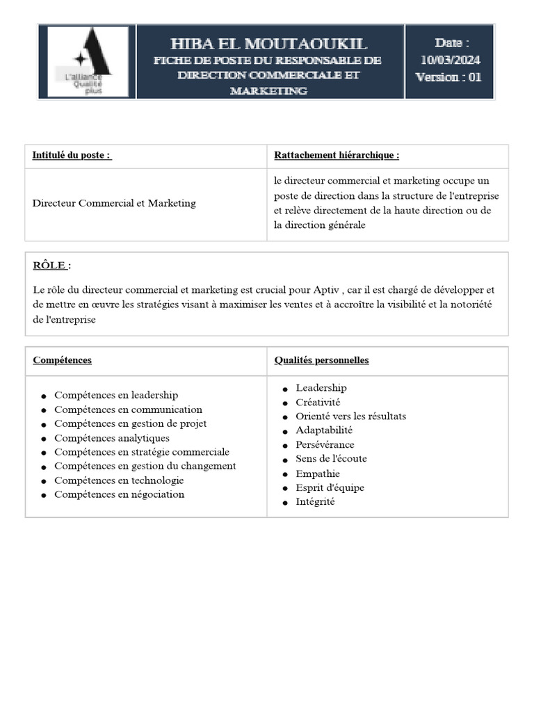 Fiche de poste : Directeur Commercial et Marketing | PDF