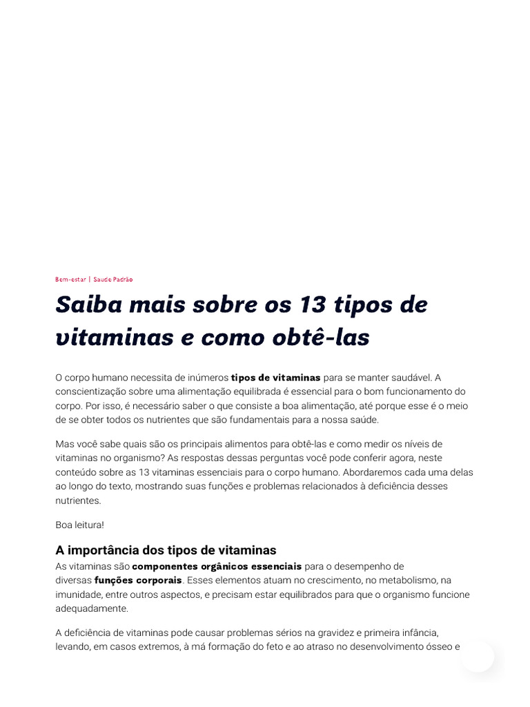 Os 13 Tipos De Vitaminas Para O Corpo E Onde Encontrar Padrão Pdf