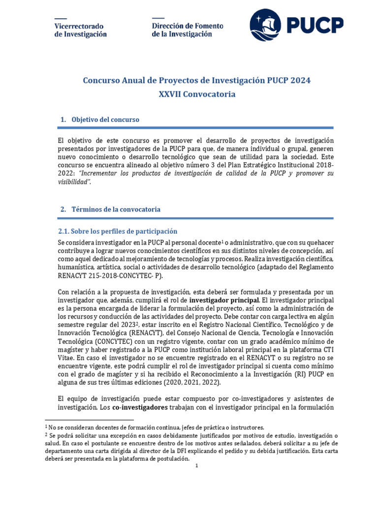Convocatoria Proyectos de Investigación PUCP 2024 | PDF | Evaluación ...