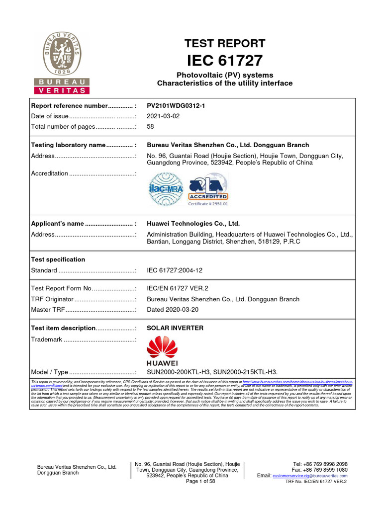 SUN2000-200H3 - 215H3 IEC 61727 Test Report Rel - BV - en - 20210302 ...